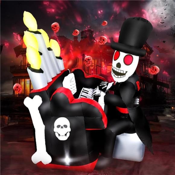 6FT Halloween Inflatable Outdoor Decorations Giant Skeleton Playing Piano - Picture 1 of 6